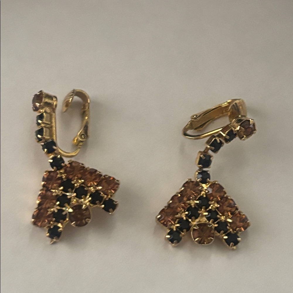 Vintage Park Lane Earrings Gold Topaz & black Crystal rhinestone Clip style